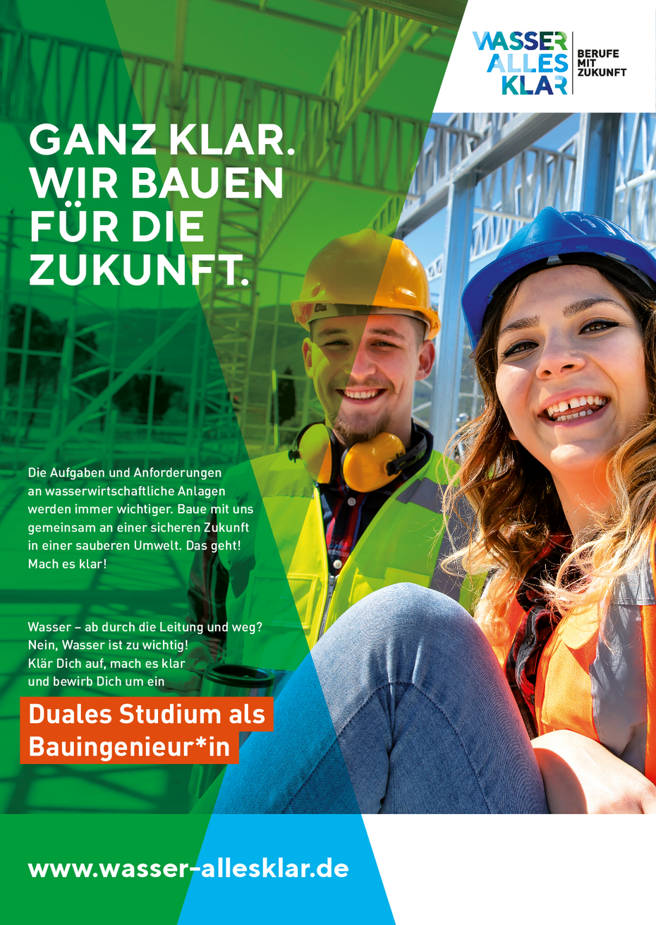 DWA Werbe- und Informationsplakat für ein duales Studium als Bauingenieur/in von der Initiative "wasser-allesklar".